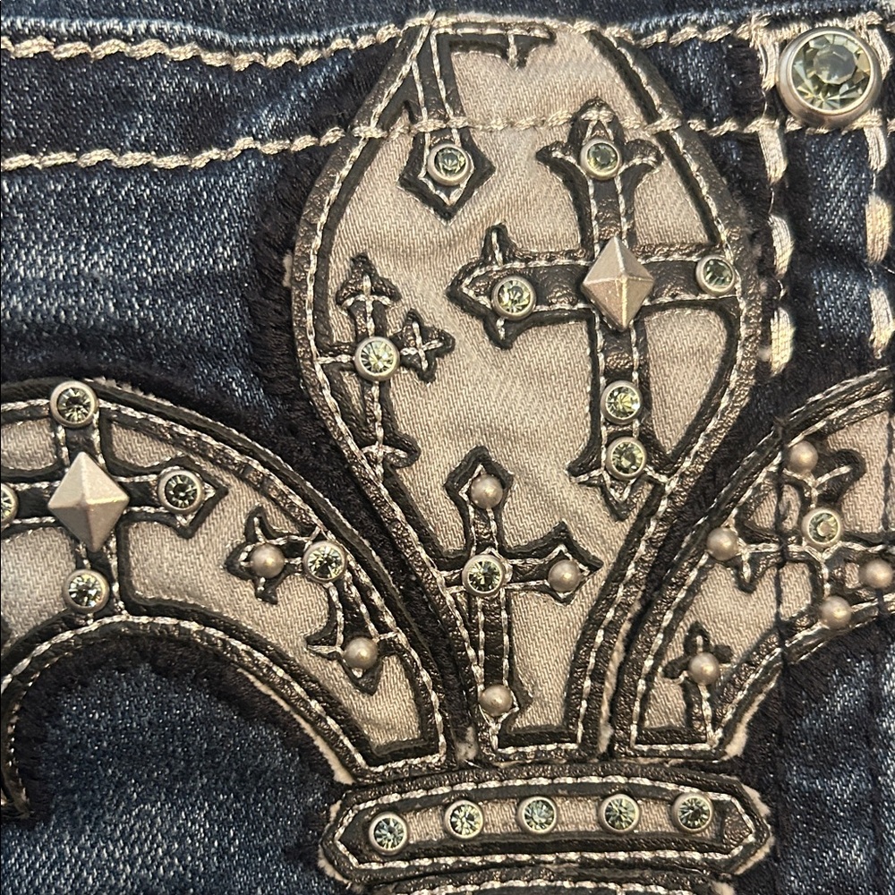 MISS ME⚜️Skinny JEANS Dark Blue Fleur-de-Lis & Crosses Size 30 JP5579S2 - Picture 3 of 14